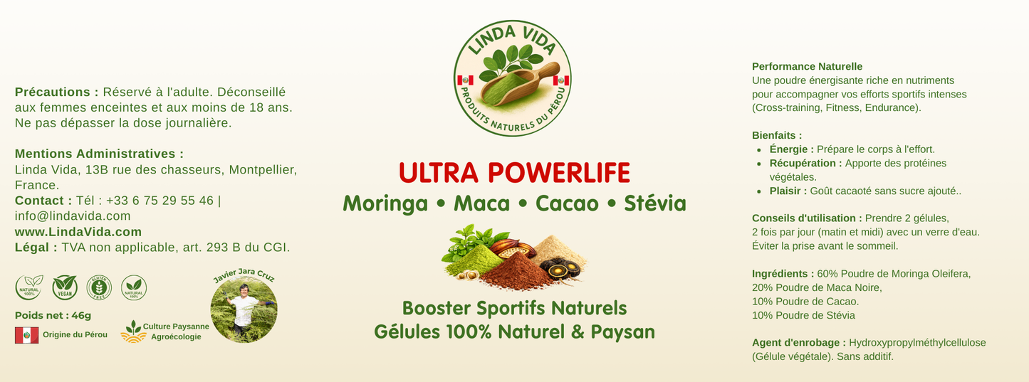 GÉLULES ULTRA POWERLIFE Sport & Vitalité | Moringa - Maca Noire - Cacao - Stévia
