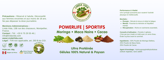 GÉLULES POWERLIFE Sport & Vitalité | Moringa - Maca Noire - Cacao